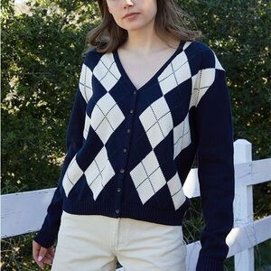 John Galt Navy & White Elizabeth Argyle Cardigan medium 100% cotton